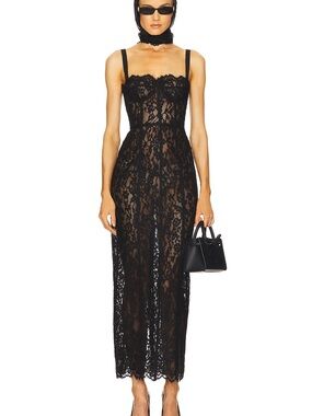 Helsa Black Lace Midi Dress with Sheer Bodice In Sz M